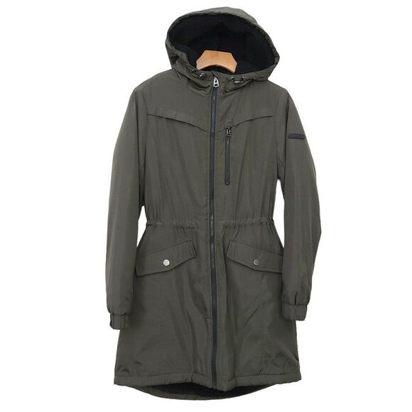 Lucky Brand Softshell Hooded Long Jacket Womens Small Green Sherpa Inside Zip Up - Picture 1 of 11